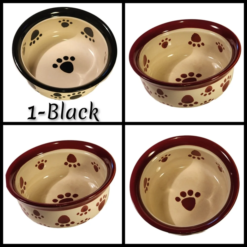 6-Pc Wrought Iron Pet Feeder w/ 4 Ceramic Pawprint Bowls & 1 Stainless Steel